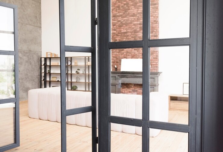Contemporary office space featuring glass partition walls with black frames. The room includes a white sofa, exposed brick accent wall, and industrial-style shelving. The flooring is light wood, and the space is brightened by natural light filtering through large windows